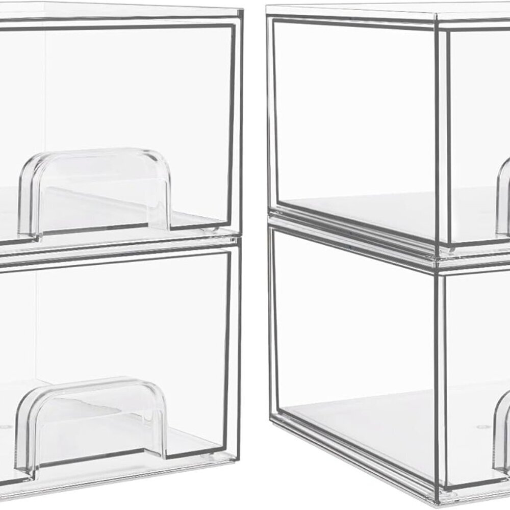4 Pack Clear Stackable Storage Drawers, 4.4'' Tall Acrylic Bathroom Makeup Organ